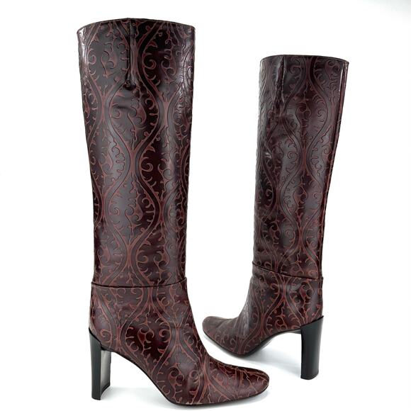 Vintage DKNY Brown Tall Knee High Boot Size 9 Embossed Leather Stacked High Heel - Picture 1 of 16